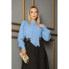 Blusa Camisa Azul Bebê Claro Laço Gravatinha Manga Longa Com Botão Princesa Renda Social Romântica Evangelica Congresso