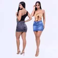 Saia Jeans Curta Feminina 100% Algodão Cintura Alta Sem Bolso Traseiro Confortável
