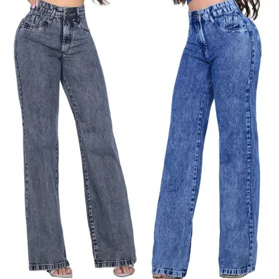 Kit 2 Calças Jeans Wide Leg Feminina Larga Modelagem Modeladora Premium