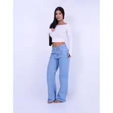 CALÇA JEANS WIDE LEG COM STRASS REBITADO, PONTO DE LUZ DELAVE 100% ALGODAO