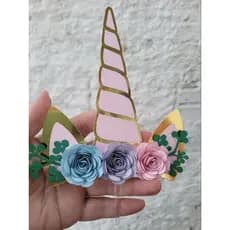 Topper de Bolo Chifre Unicórnio com Flores 3D I Toten Unicórnio I Tag Unicórnio