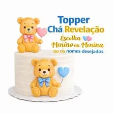 Topper Chá Revelação Ursinho Personalizado com Nome | Menino ou Menina | Topo de Bolo Dupla Camada