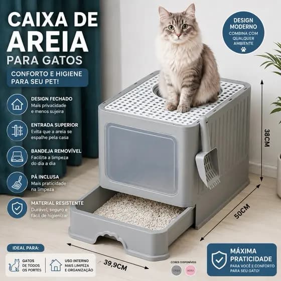 Banheiro fechado para gato Premium com Filtro Anti Odor e Pazinha Caixa de Areia
