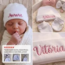 Touca Bebê RN Personalizada Com Nome Bordado Algodão Egípcio Saída Maternidade + Opção Kit Luvas