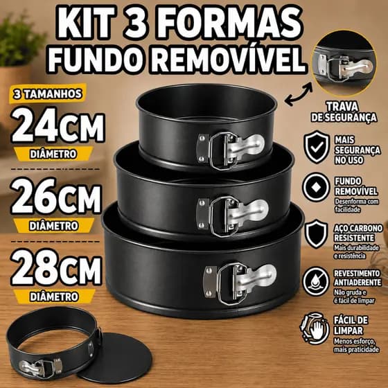 Kit 3 Formas De Fundo Removivel 24cm 26cm 28cm Para Doces Bolos Tortas Cozinha Em Aluminio