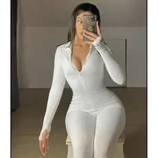 Macacão Canelado Branco  Manga Longa Com Ziper  Moda Gringa