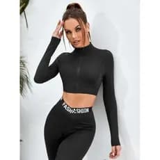 Cropped feminino manga longa suplex poliamida preto liso com zíper reforçado blusa