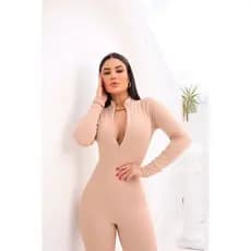 Macacão Manga Longa Canelado 3D Nude moda feminina