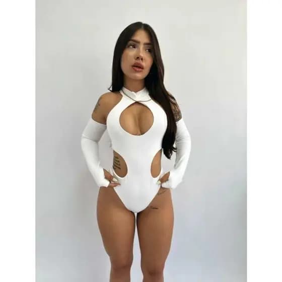 Body feminino poliamida verão tecido duplo com manga Branco