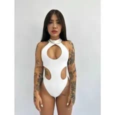 Body feminino poliamida verão Branco tecido duplo com manga proteção UV