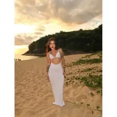 Vestido Feminino Longo Com Decote Verão Moderno Suplex Liso Branco