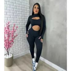 Macacão feminino longo com decote costas nua preto canelado academia slin fitness