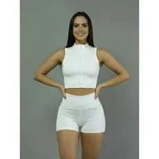 Kit Conjunto Cropped Regata De Ziper + Short Feminino Suplex Academia Praia Esportes Branco