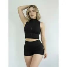 Kit Conjunto Cropped Regata De Ziper + Short Feminino Suplex Basico Academia Praia Esportes Preto