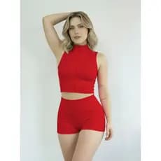 Kit Conjunto Cropped Regata De Ziper + Short Feminino Suplex Basico Academia Praia Esportes Vermelho