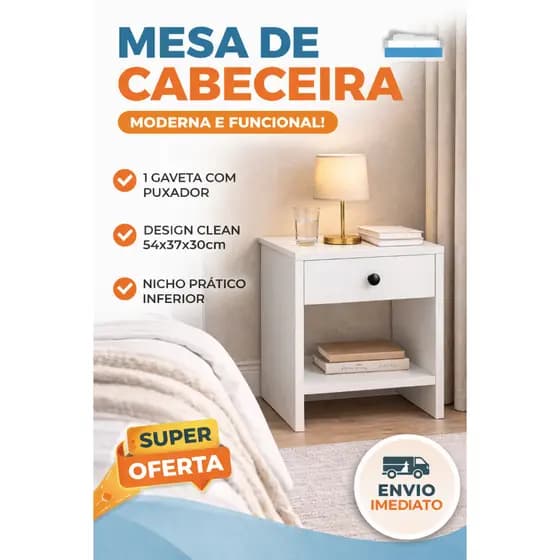 🛏️ Mesa de Cabeceira Branca Moderna com Gaveta 54x37x30 em 100%MDF - CRIADO MUDO - APOIO LATERIAL - MESA LATERAL
