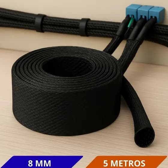 Malha Náutica Expansiva 8mm Nylon Preta 5 Metros Organização e Proteção de Cabos Elétricos Industriais Automotivo