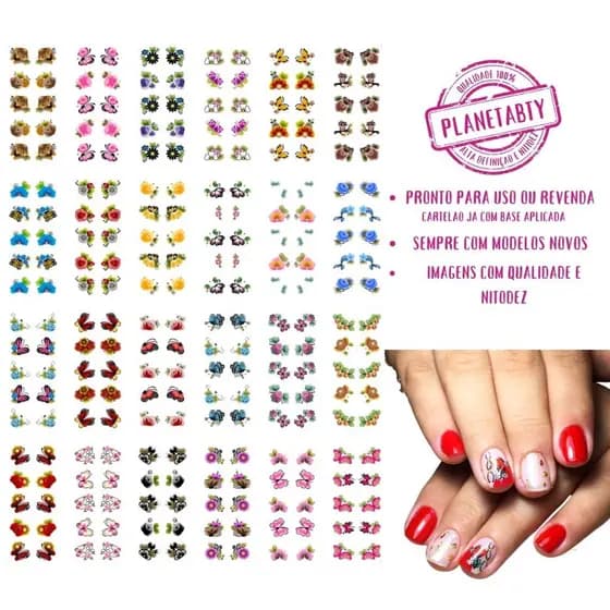 Cartelão com 240 adesivos 3D finalizados com base para unhas