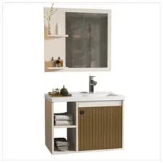 CONJUNTO GABINETE COM ESPELHEIRA E CUBA NA COR PÉROLA E RIPADO
