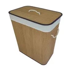 Cesto de Bambu Roupa Suja em Bambu Natural com Tampa 60L Alças de Corda Forro Removível