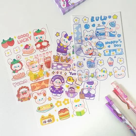 kit de Cartela de adesivos fofos kawaii de coelho e ursinho - papelaria