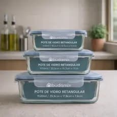 Kit 3 Potes Vidro Retangulares Hermético Vedação Tampa 4 Travas Marmita