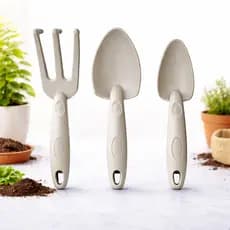 Kit Jardinagem 3 Peças Cinza – Garfo e Pazinhas para Plantas e Jardim