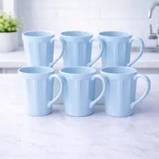 Kit 6 Canecas Porcelana 250ml Canelada Azul Café Chá Xícara Conjunto Mesa Posta Cozinha Casa