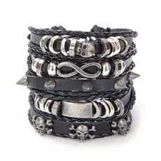 Kit 5 Pulseiras Punk Alternativo Couro Caveiras Rock Moto Espinhos Símbolo Infinito Argolas