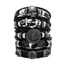Kit 5 Pulseiras Ajustáveis Caveira Poker As Espada Âncora Yin Yang Rock Motociclista Moto Moda