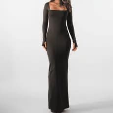 Vestido Longo Manga Longa Decote Quadrado Decotado Festa Balada Casual Moda Feminina Nivea
