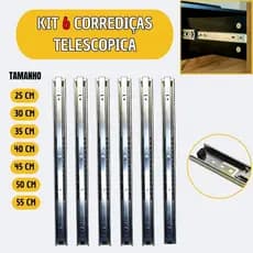 Kit 6 Peças Corrediça Telescópica Gaveta 25 cm a 55 cm Trilho Reforçado Silencioso Residencial Profissional