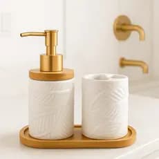 Kit Banheiro Lavabo Porta Sabonete Liquido Dispenser Porta Escova de Dente Cerâmica Luxo