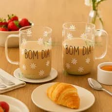 Conjunto Jogo 2 Canecas Xícaras Grande Café Chá de Vidro Bom Dia Wolff 280ml Cantinho do Café