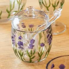 Meleira Porta Mel Lyor Lavanda em Cristal Requintado Luxo Hand Painting 300g Mesa Posta com Colher Transparente
