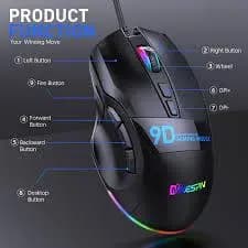 Mouse gamer com fio, 12000 dpi, rgb, retroiluminado, 9 botões práticos, mouse gamer com fio
