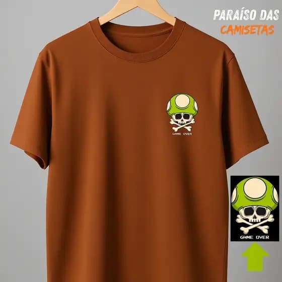 Camiseta Mario Game Over Cogumelo Caveira Gamer Masculina Algodão Premium Streetwear Dia a dia casual