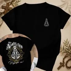 Camiseta Tradicional Jesus petalas de rosas Maria Mãe Aparecida Religiosa Catolica Cristã 100% Algodão Unissex