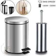 Lixeira Inox + Escova Sanitária Inox Cesto Removível e Pedal