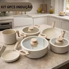 Jogo de Panelas 6 peças Ceramica Indução Antiaderente Creme Chique Mesa posta Casa Nova