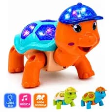 Brinquedo Tartaruga Fujão Elétrico com Luz LED Som e Movimento Automático Infantil Educativo Bebê