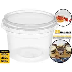 Pote Plástico Redondo 250 / 380 / 500 ml 25und Descartável Com Tampa Bolo Pote Açaí Marmita Freezer Microondas