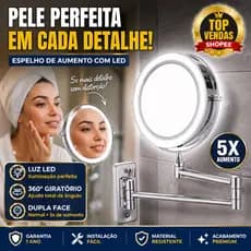 Espelho De Aumento Articulado Com LED 5x Giratório 360º Dupla Face Maquiar Barbear Maquiagem Agrantt