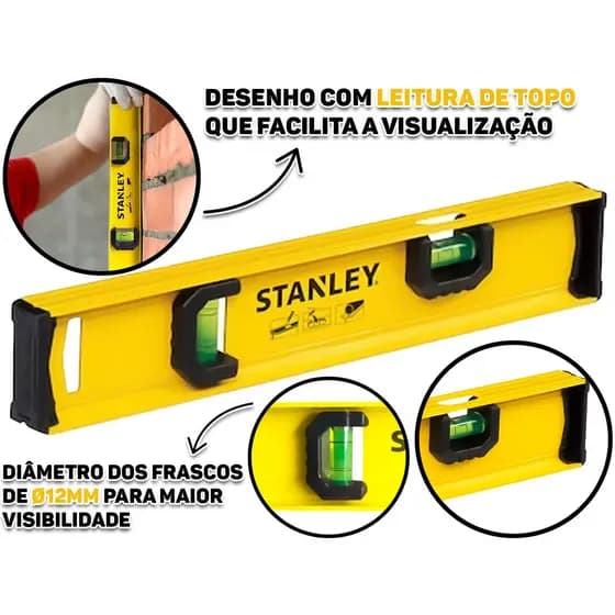 Nível de Alumínio Profissional 2 Bolhas 30cm Régua de Prumo Para Pedreiro Carpintaria Medição Stanley