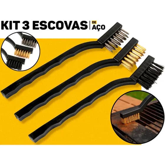 Jogo Escovas Mini Multiuso 3 Peças Aço Nylon Latão Limpeza Multiuso Profissional Cabo Plástico Eda Original