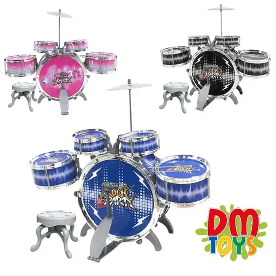 Bateria Instrumento de Brinquedo Infantil Rock Party com Banquinho DM Toys DMT6066 Azul Preta Rosa