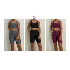 Kit 3 Conjuntos Fitness Bermuda Ciclista e Top Academia Cintura Alta Suplex Alta durabilidade