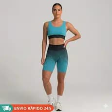 Conjunto Fitness Bermuda Ciclista e Top Academia Cintura Alta Degrade Colorido Suplex Alta durabilidade