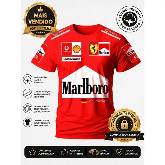 Camiseta Masculina Reset Streetwere Fórmula 1 anos 90 Marlboro 100% Algodão Premium