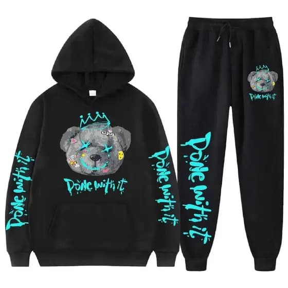 Conjunto Moletom Canguru Masculino Urso Done Blusa De Frio + Calça Moletom Estampados Unissex Outono/Inverno